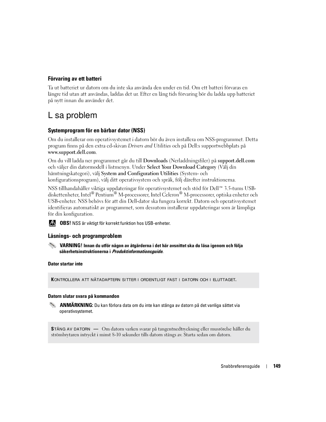 Dell PP05S Lösa problem, Förvaring av ett batteri, Systemprogram för en bärbar dator NSS, Låsnings- och programproblem 