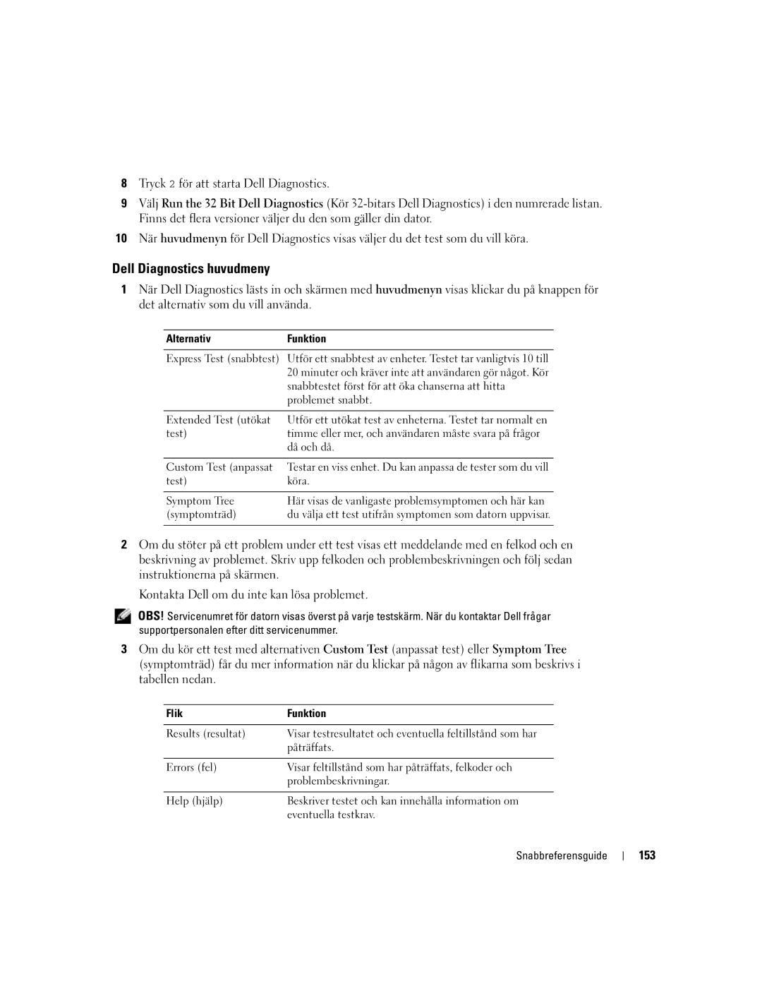 Dell PP05S manual Dell Diagnostics huvudmeny, 153, Alternativ Funktion, Flik Funktion 