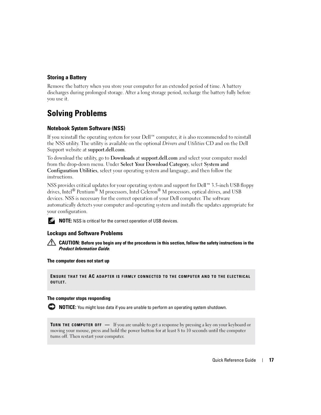 Dell PP05S manual Solving Problems, Storing a Battery, Lockups and Software Problems, Computer does not start up 