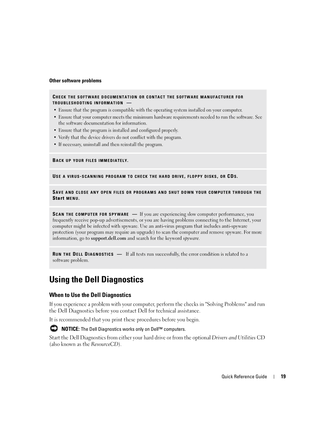 Dell PP05S manual Using the Dell Diagnostics, When to Use the Dell Diagnostics, Other software problems 