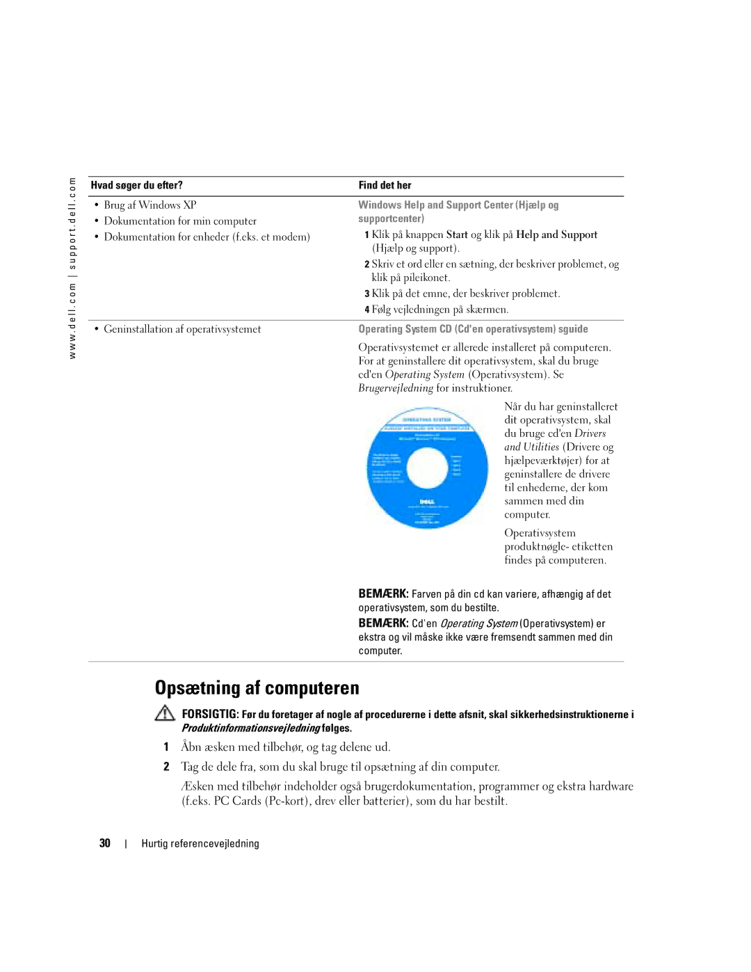 Dell PP05S manual Opsætning af computeren, Windows Help and Support Center Hjælp og, Supportcenter 