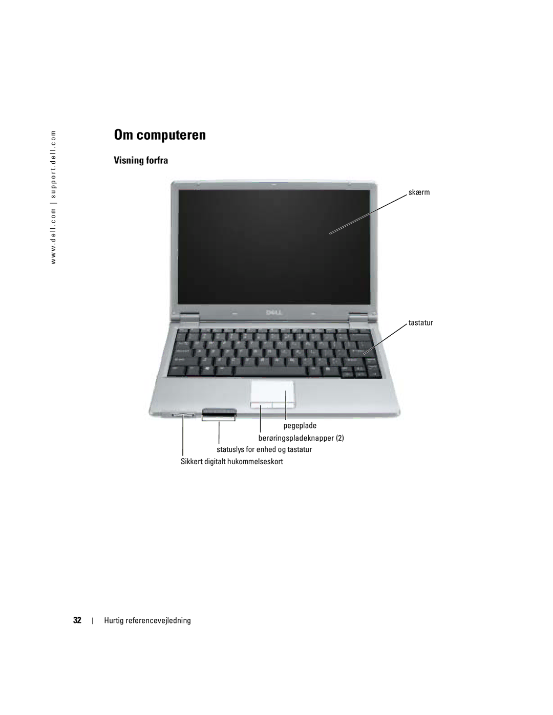 Dell PP05S manual Om computeren, Visning forfra 