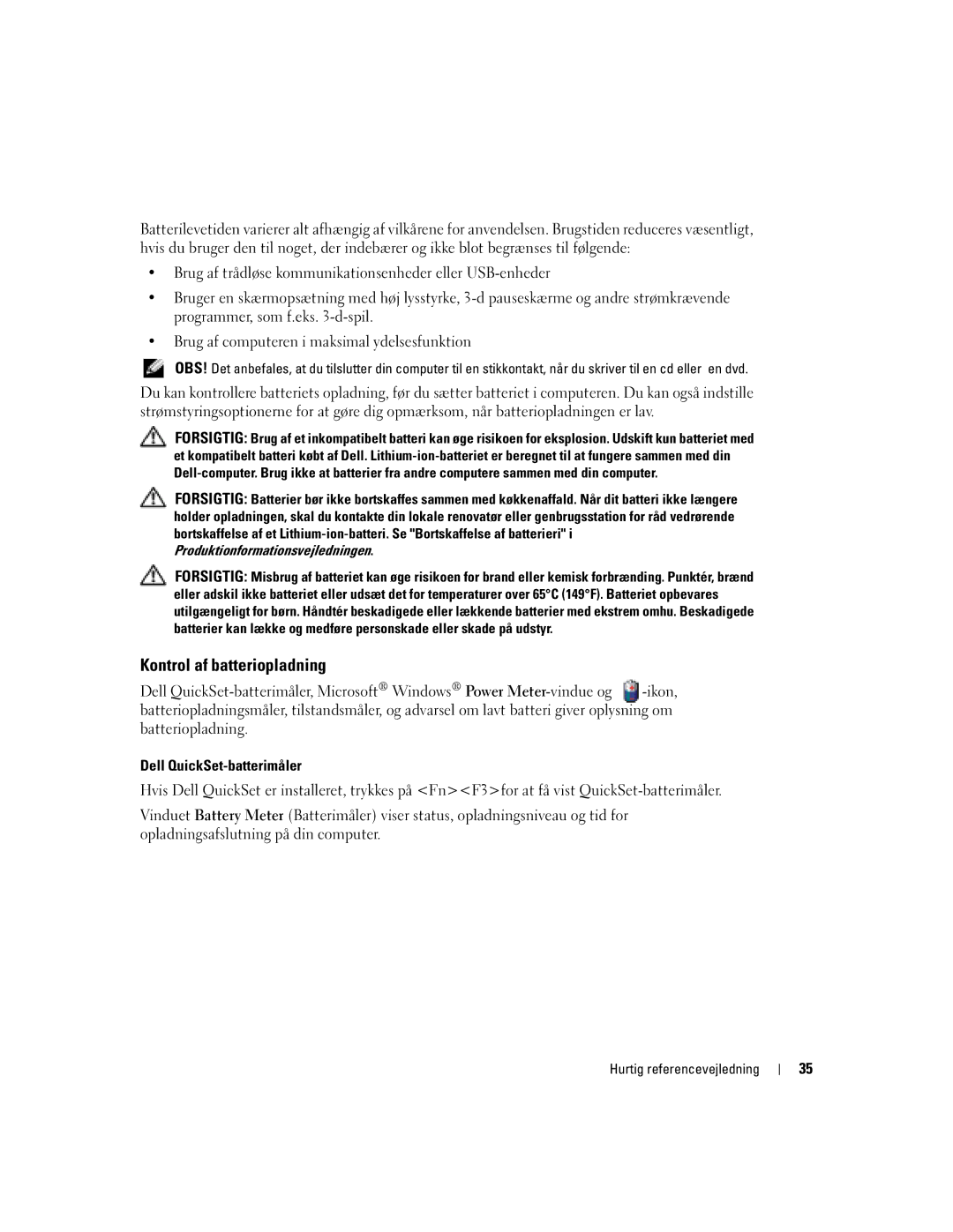 Dell PP05S manual Kontrol af batteriopladning, Dell QuickSet-batterimåler 