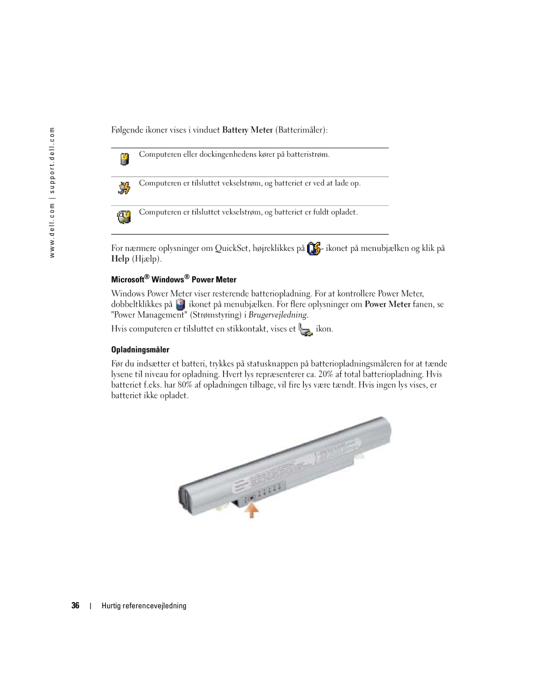 Dell PP05S manual Følgende ikoner vises i vinduet Battery Meter Batterimåler, Opladningsmåler 