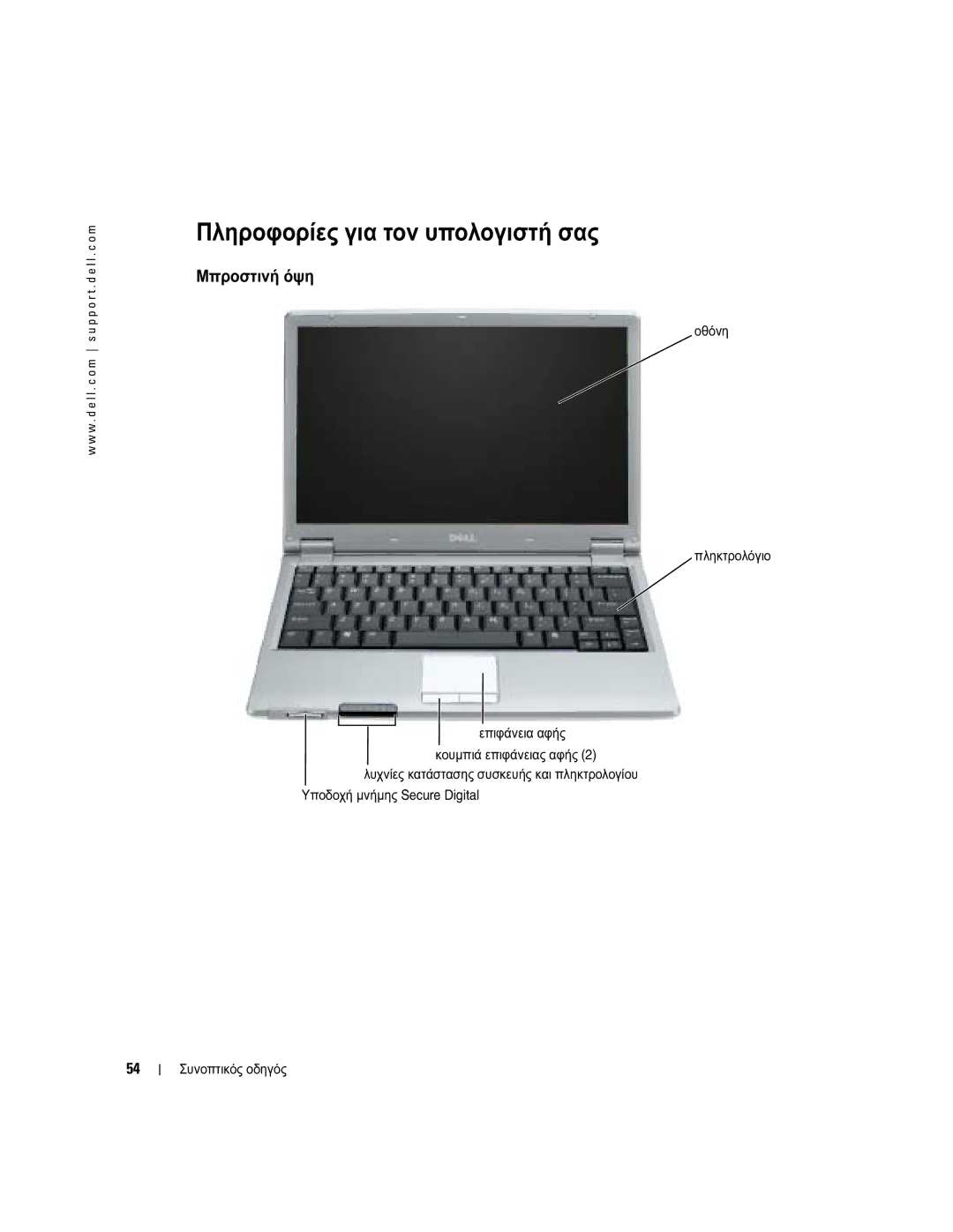 Dell PP05S manual Πληροφορίες για τον υπολογιστή σας, Μπροστινή όψη, Οθόνη Πληκτρολόγιο Επιφάνεια αφής 