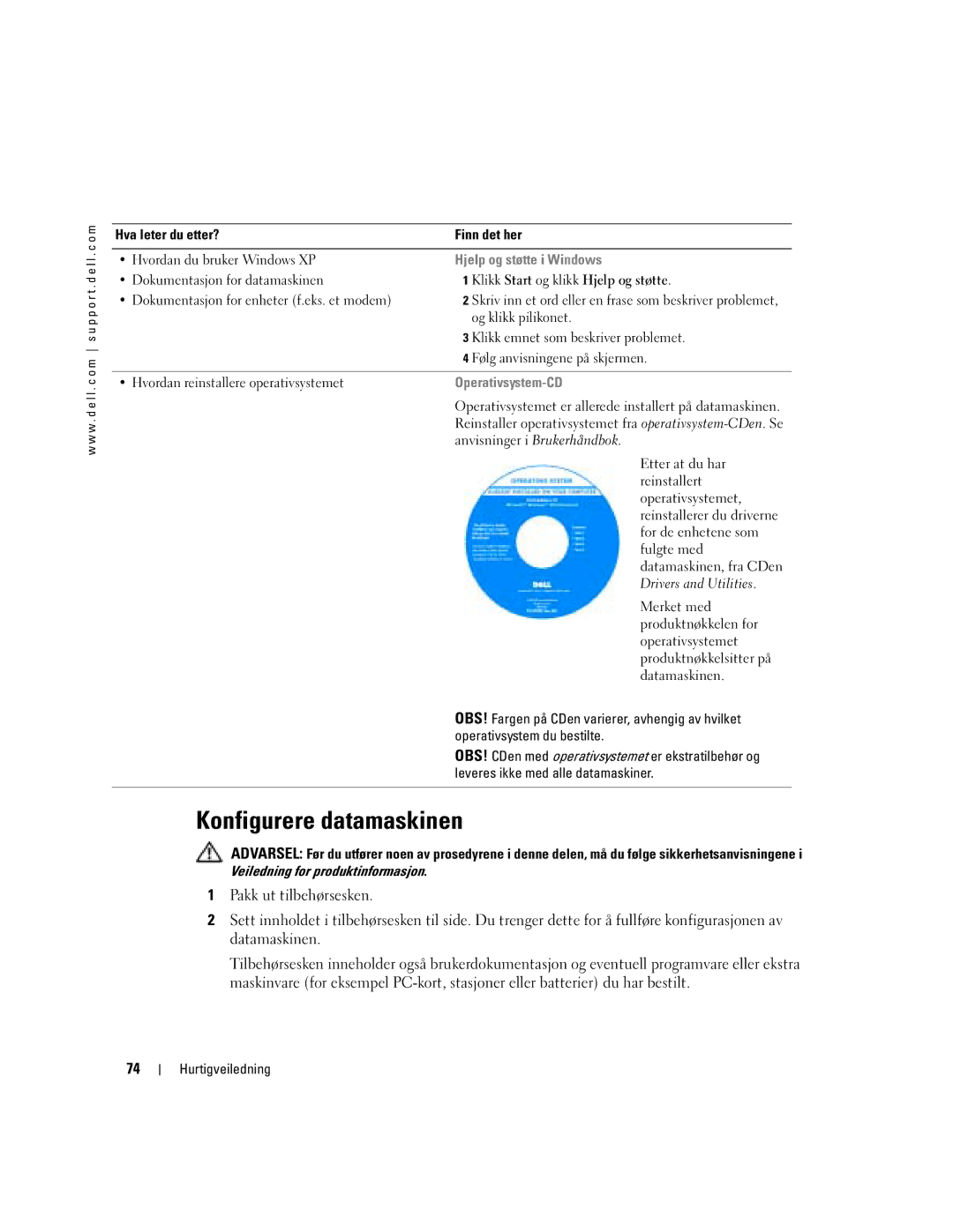 Dell PP05S manual Konfigurere datamaskinen, Hjelp og støtte i Windows, Operativsystem-CD 