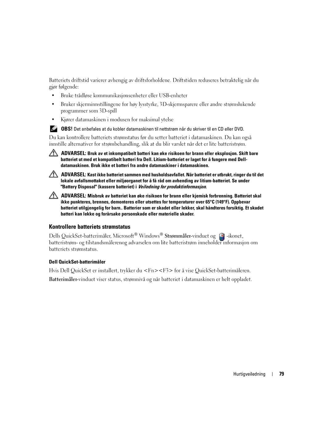 Dell PP05S manual Kontrollere batteriets strømstatus, Dell QuickSet-batterimåler 