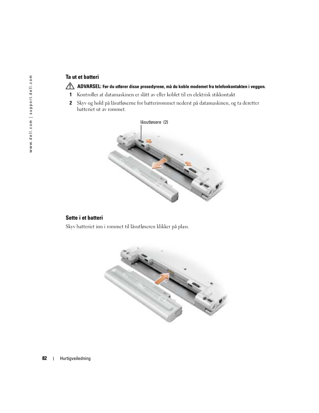 Dell PP05S manual Ta ut et batteri, Sette i et batteri, Låsutløsere 