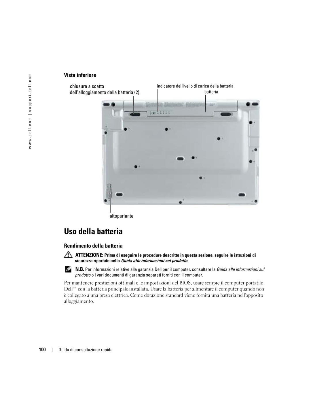 Dell PP05S manual Uso della batteria, Vista inferiore, Rendimento della batteria, Altoparlante, 100 