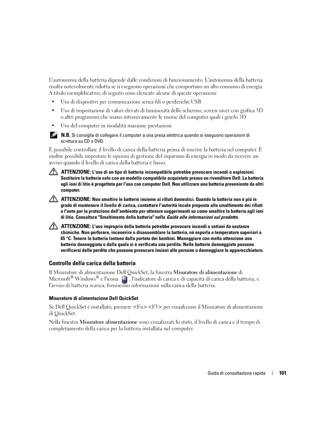 Dell PP05S manual Controllo della carica della batteria, Misuratore di alimentazione Dell QuickSet, 101 