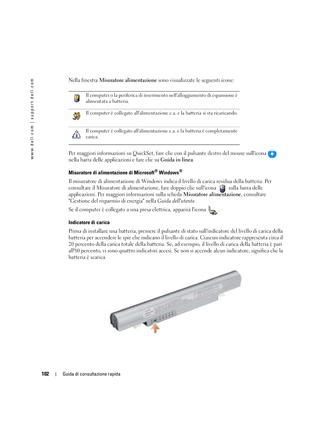 Dell PP05S manual Misuratore di alimentazione di Microsoft Windows, Indicatore di carica, 102 