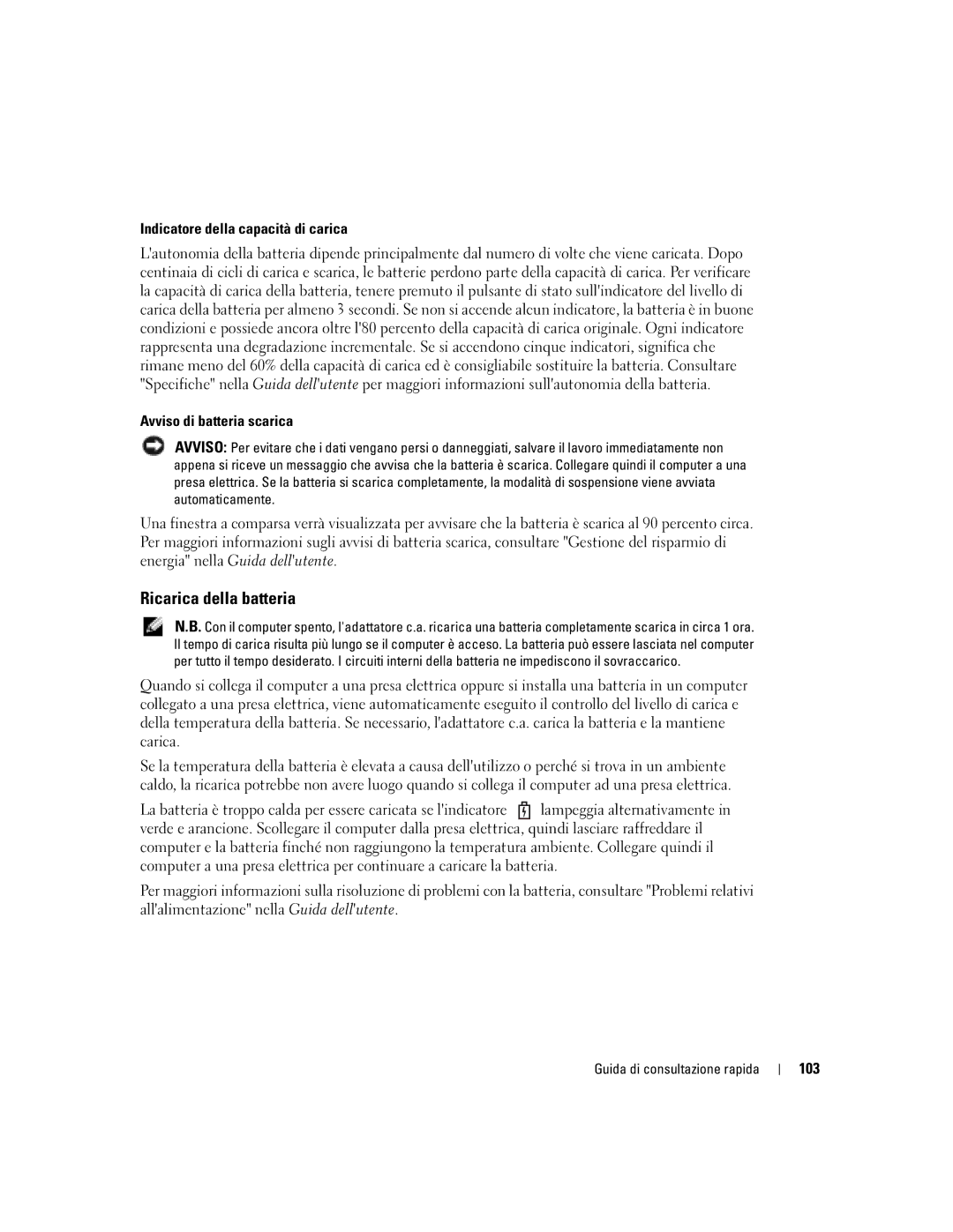 Dell PP05S manual Ricarica della batteria, Indicatore della capacità di carica, Avviso di batteria scarica, 103 