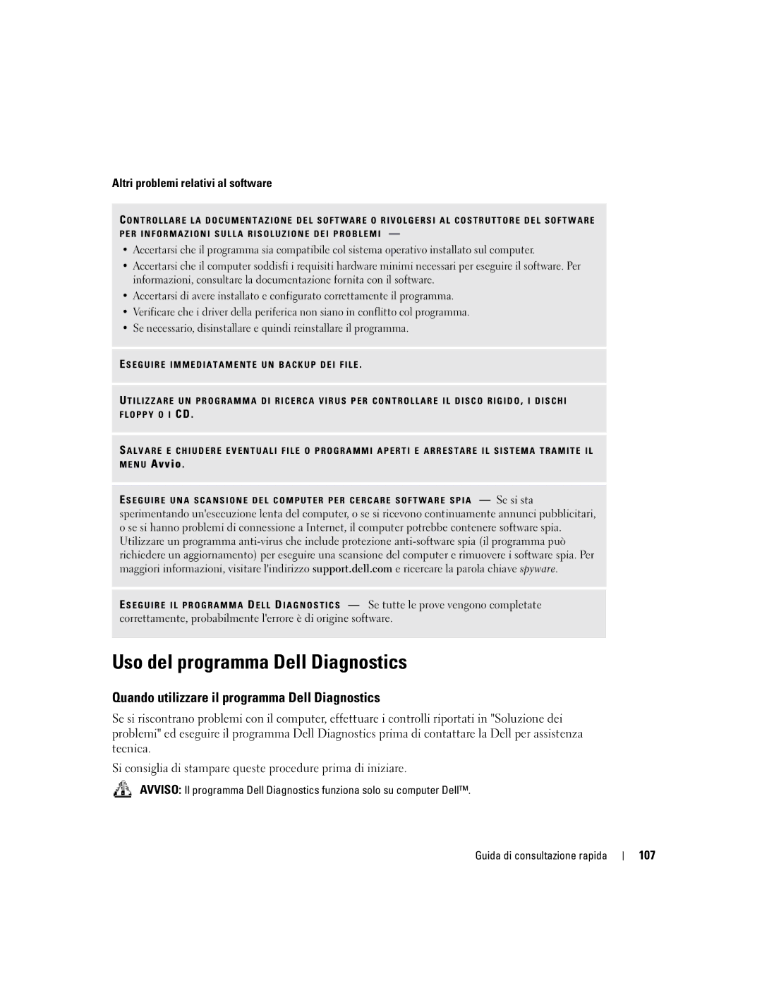 Dell PP05S manual Uso del programma Dell Diagnostics, Quando utilizzare il programma Dell Diagnostics, 107 