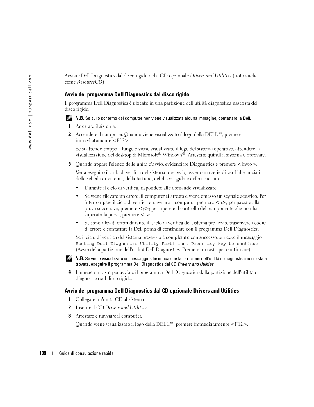 Dell PP05S manual Avvio del programma Dell Diagnostics dal disco rigido, 108 