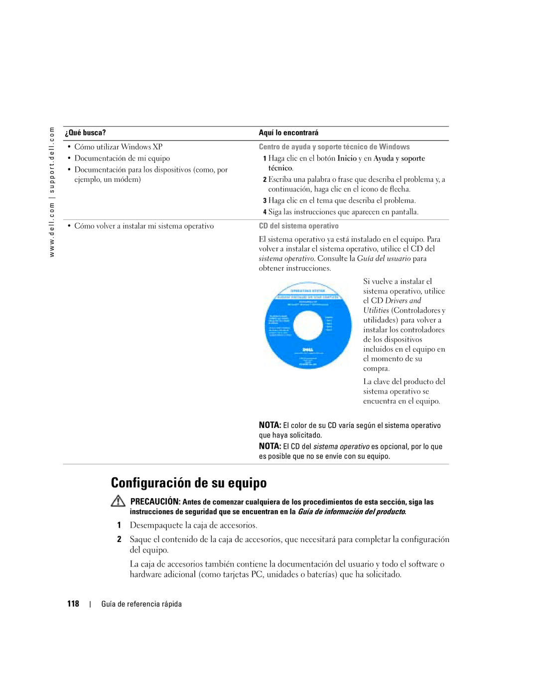 Dell PP05S manual Configuración de su equipo, 118, Centro de ayuda y soporte técnico de Windows, CD del sistema operativo 