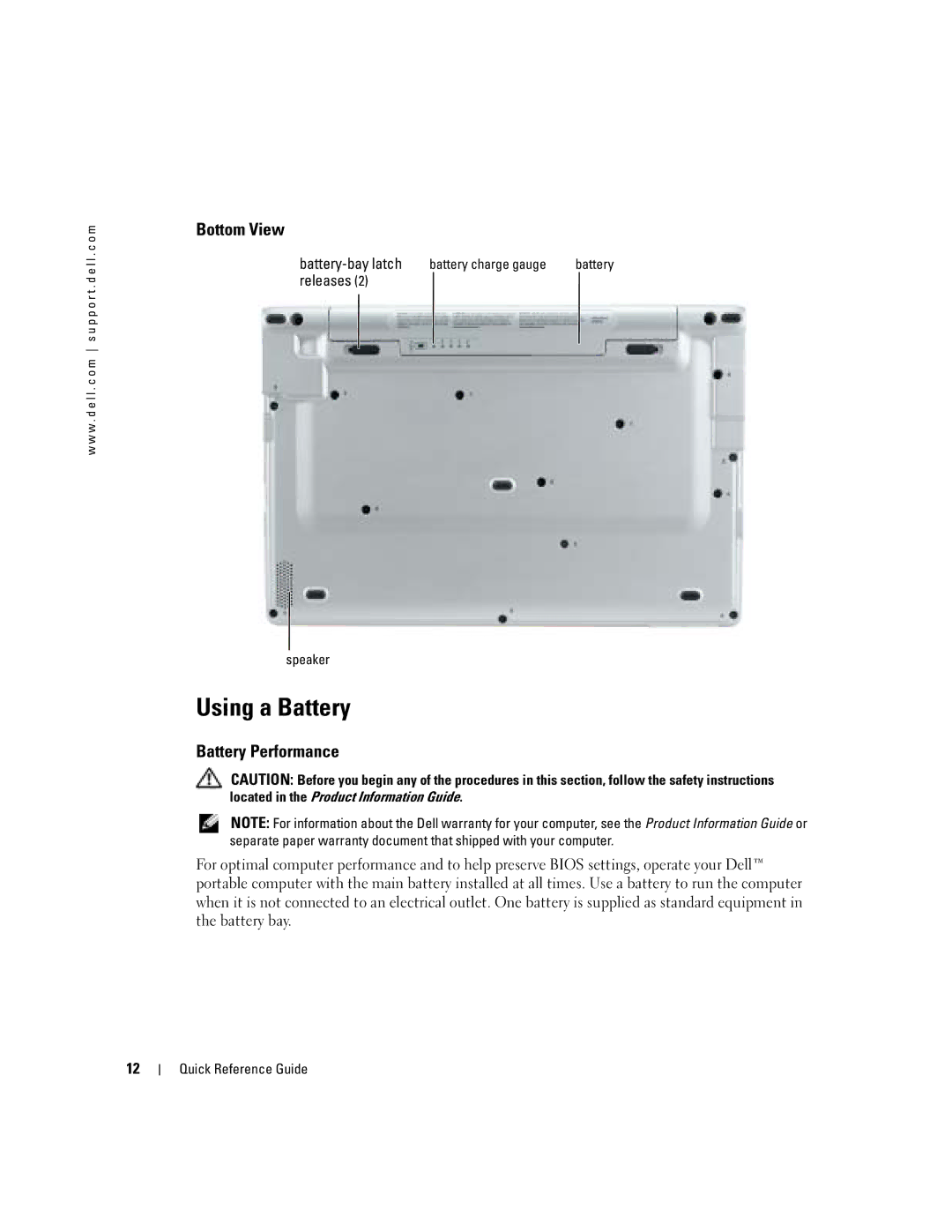 Dell PP05S manual Using a Battery, Bottom View, Battery Performance, Battery-bay latch, Releases 