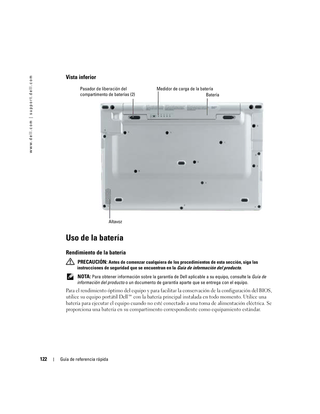 Dell PP05S manual Uso de la batería, Vista inferior, Rendimiento de la batería, 122 