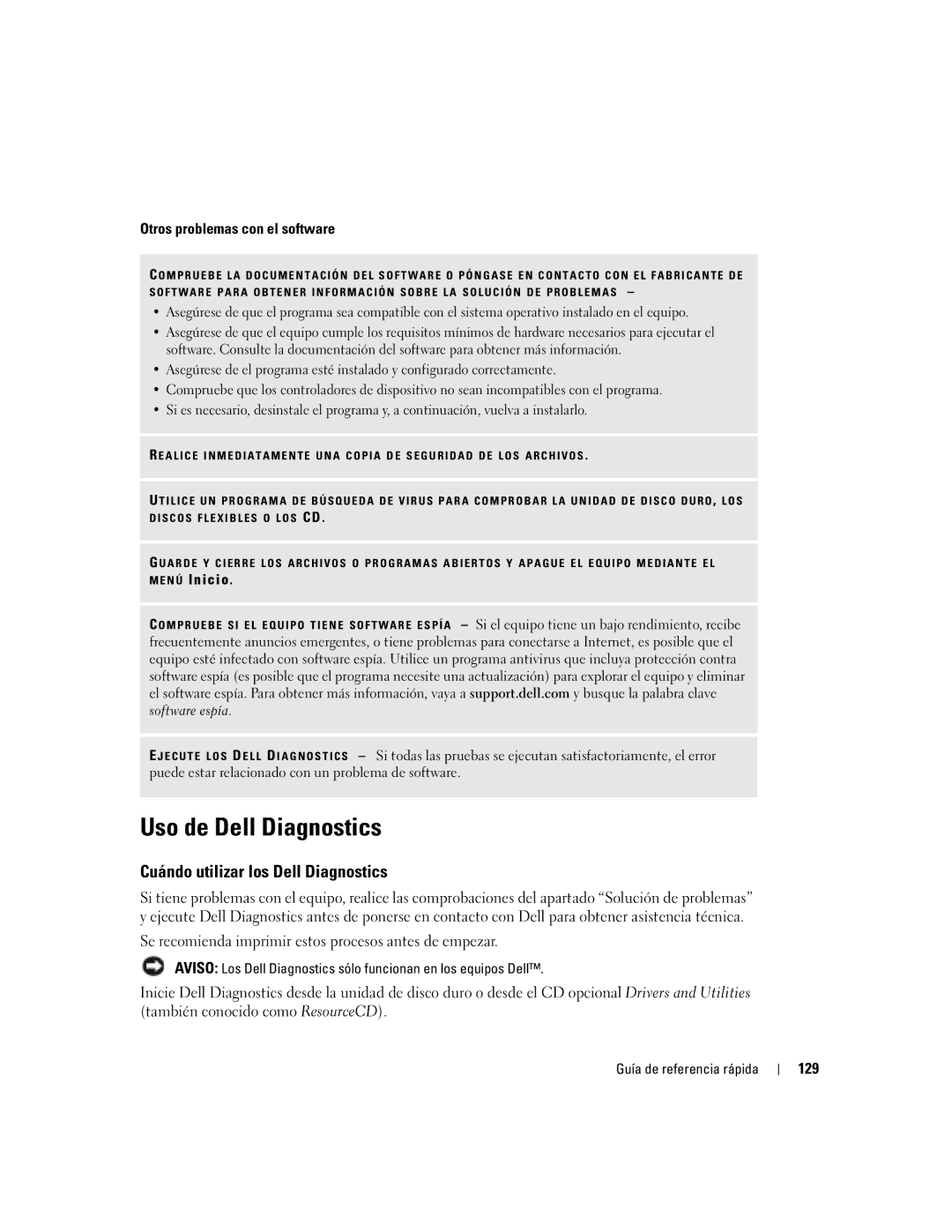 Dell PP05S manual Uso de Dell Diagnostics, Cuándo utilizar los Dell Diagnostics, Otros problemas con el software, 129 