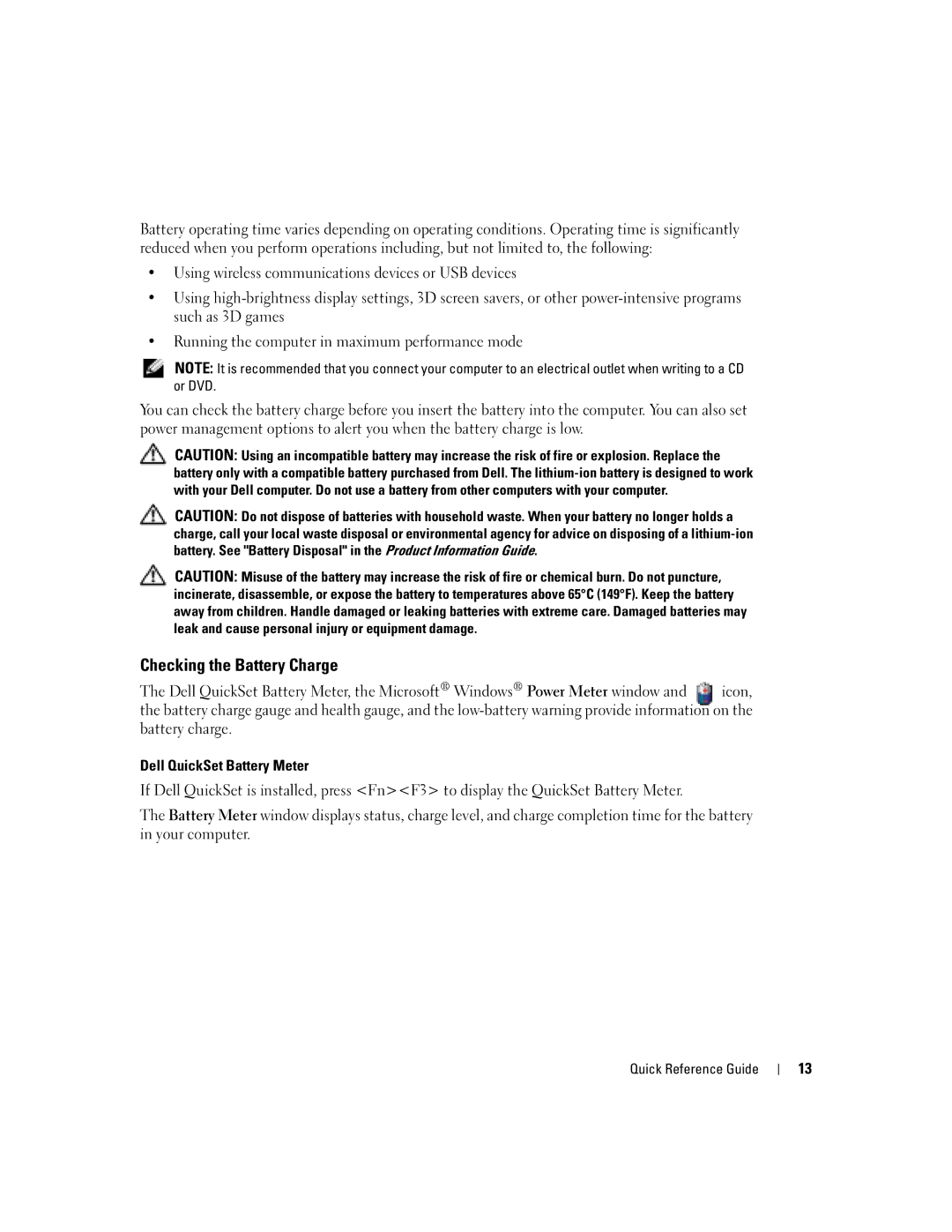 Dell PP05S manual Checking the Battery Charge 