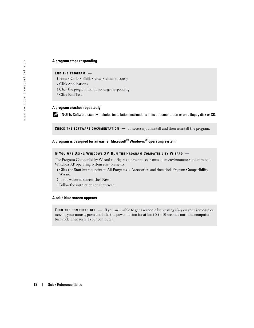 Dell PP05S manual Program stops responding, Program crashes repeatedly, Solid blue screen appears 