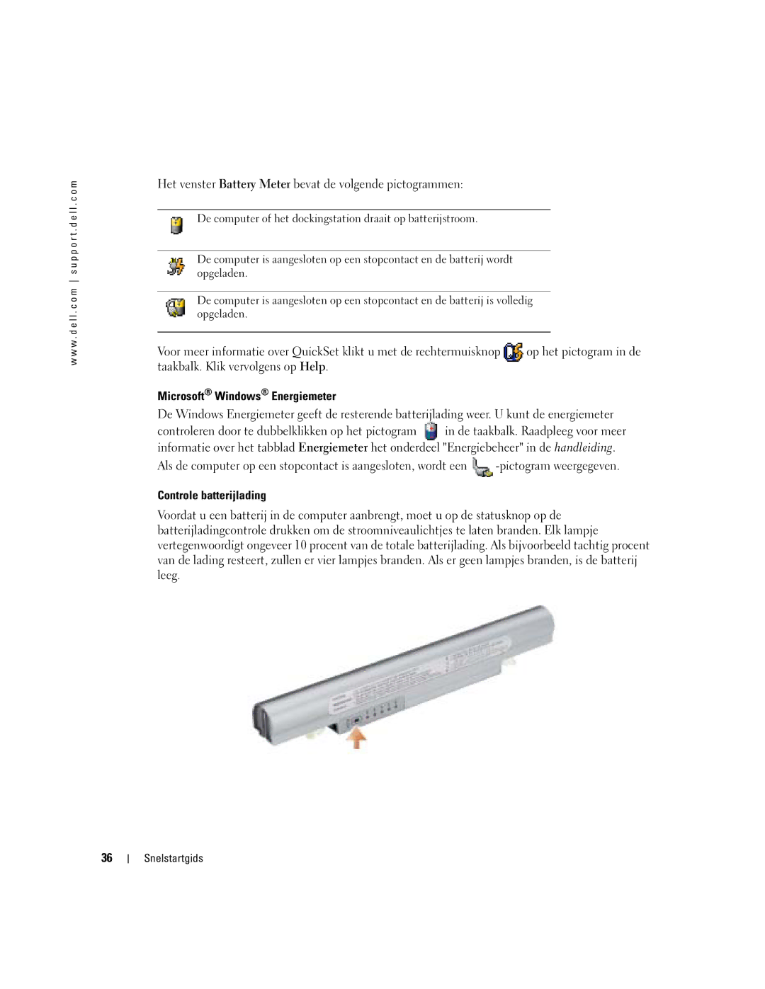 Dell PP05S manual Het venster Battery Meter bevat de volgende pictogrammen, Op het pictogram in de 