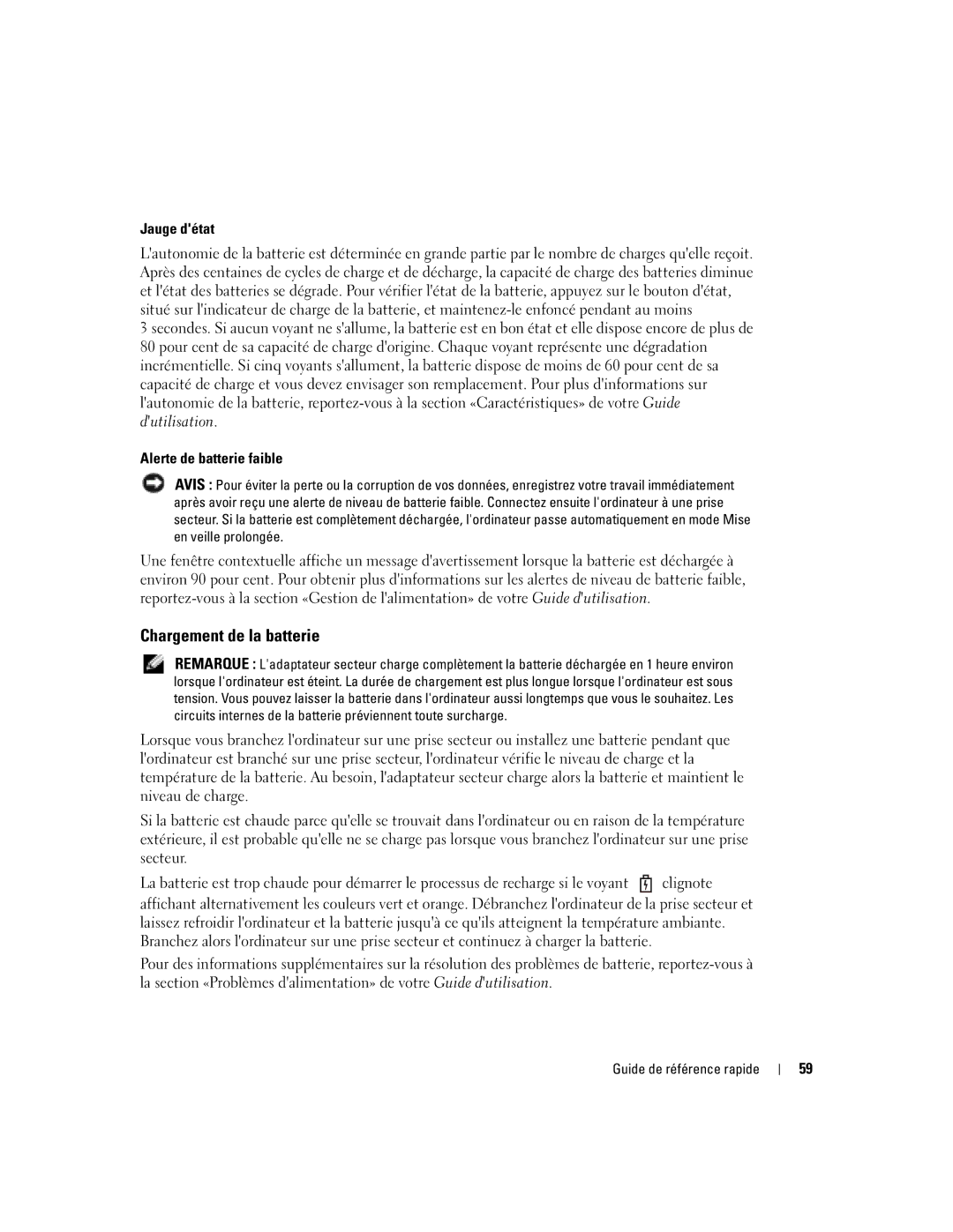 Dell PP05S manual Chargement de la batterie, Jauge détat, Alerte de batterie faible 