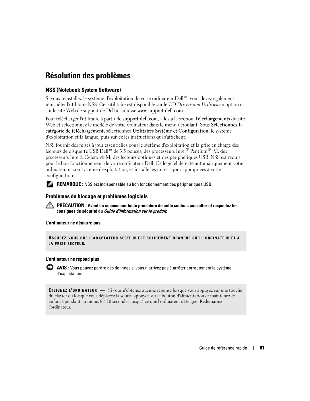 Dell PP05S manual Résolution des problèmes, NSS Notebook System Software, Problèmes de blocage et problèmes logiciels 