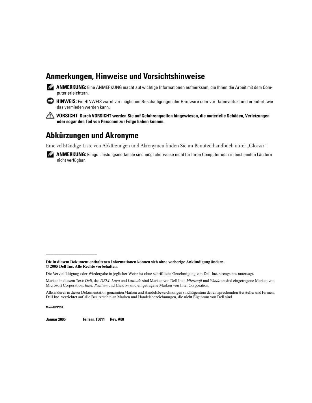 Dell PP05S manual Anmerkungen, Hinweise und Vorsichtshinweise, Abkürzungen und Akronyme 