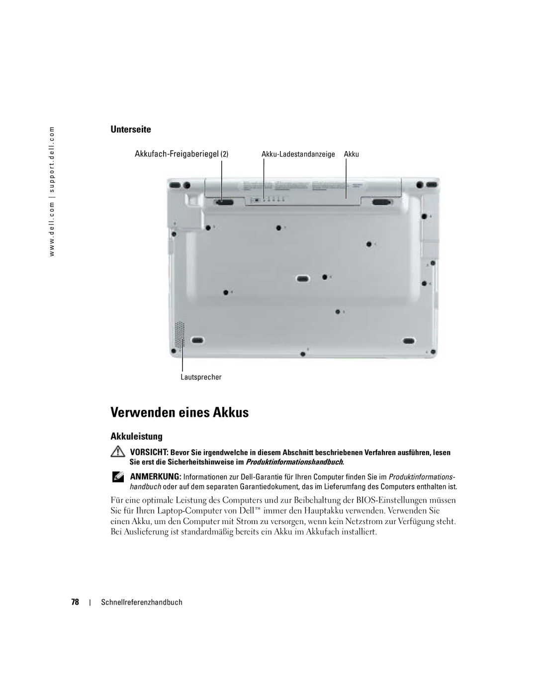 Dell PP05S manual Verwenden eines Akkus, Unterseite, Akkuleistung, Akkufach-Freigaberiegel, Lautsprecher 