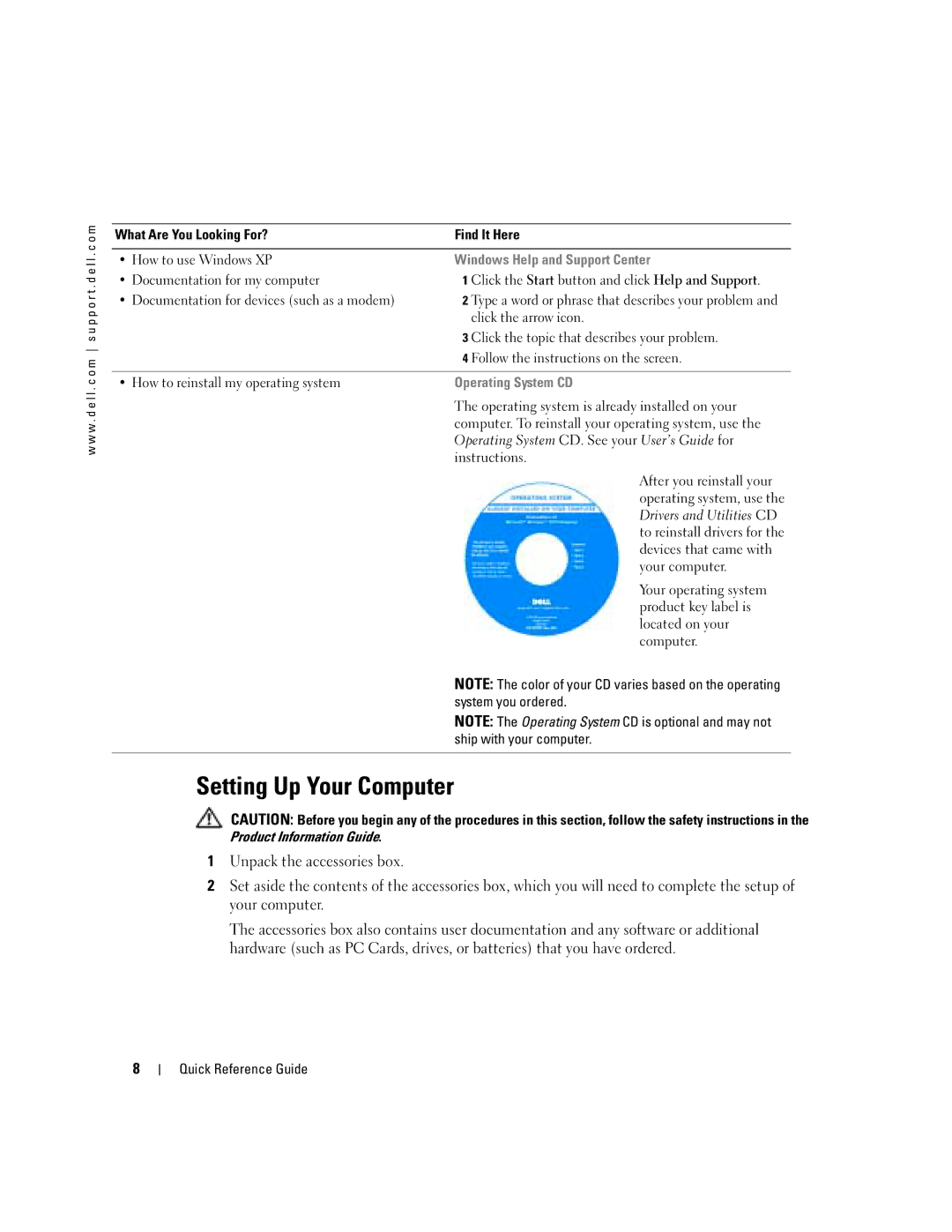 Dell PP05S manual Setting Up Your Computer, Windows Help and Support Center, Operating System CD 