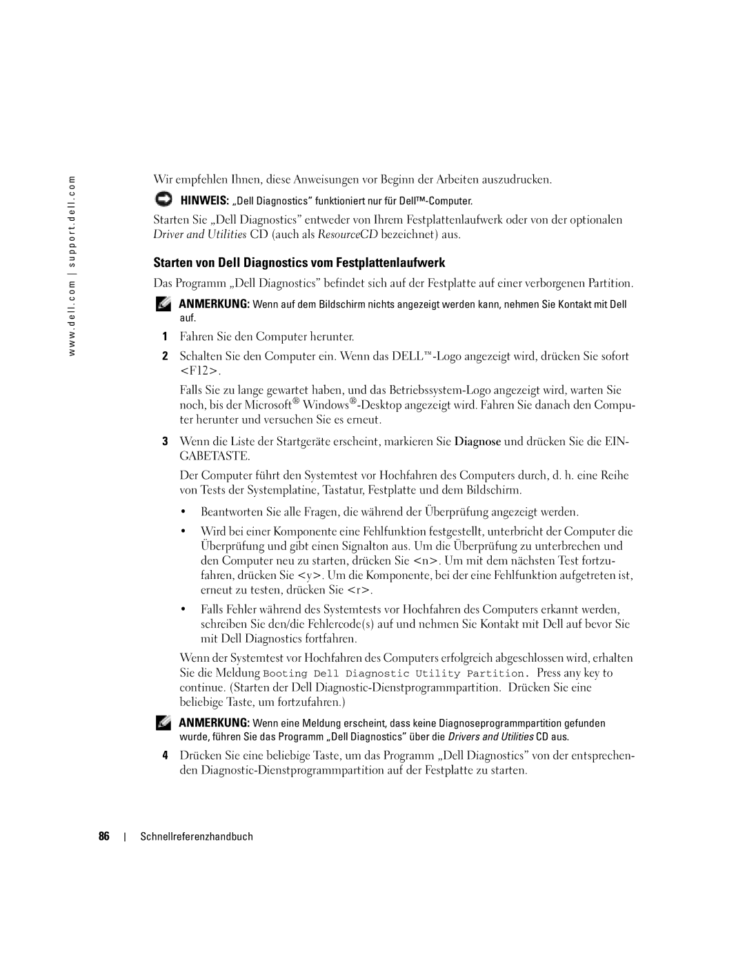 Dell PP05S manual Starten von Dell Diagnostics vom Festplattenlaufwerk 