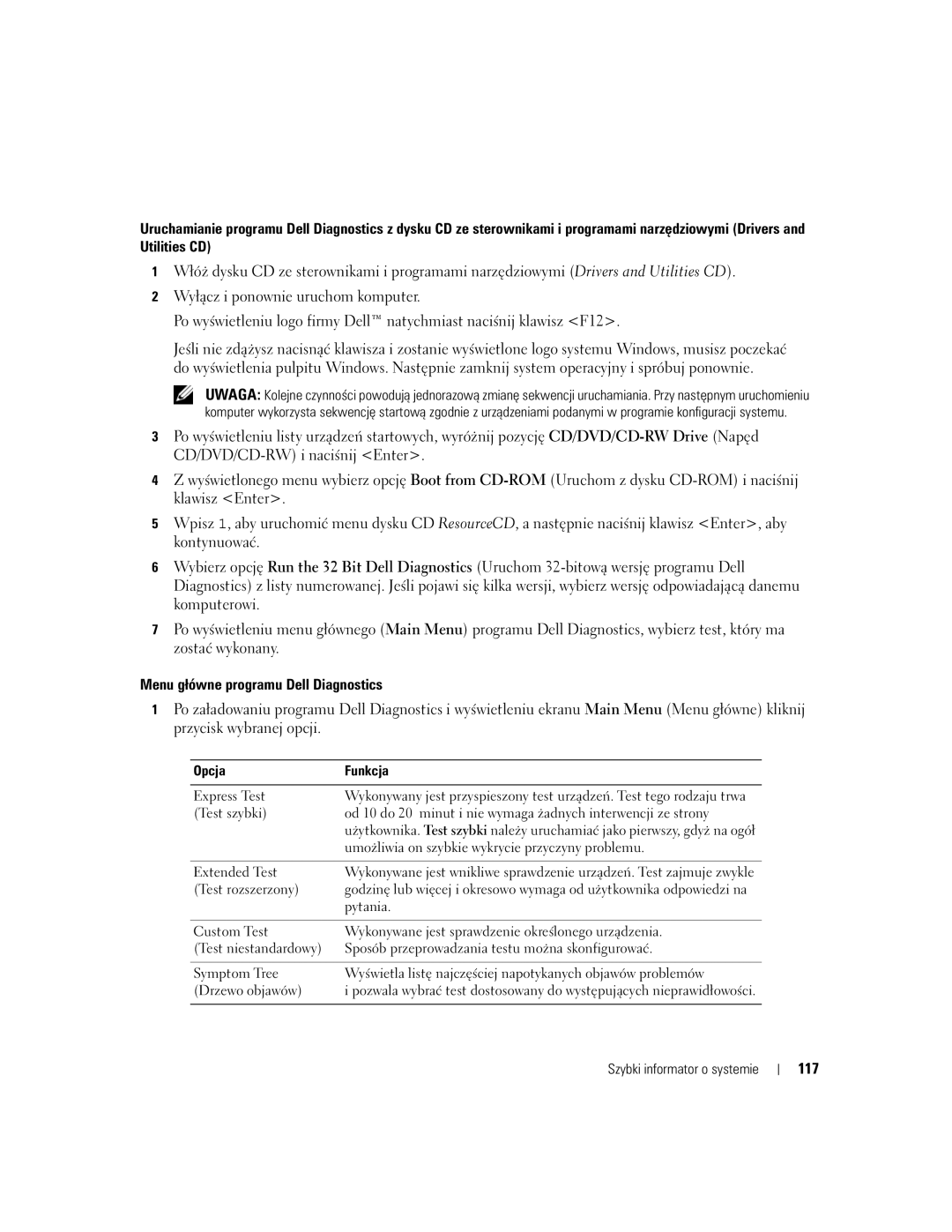 Dell PP05XA manual Menu główne programu Dell Diagnostics, 117 