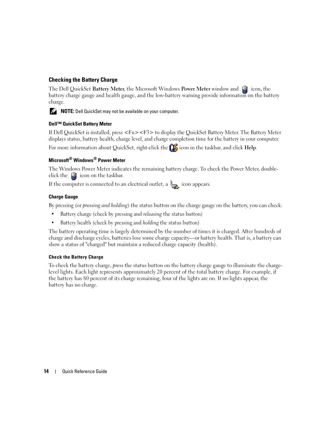 Dell PP05XA manual Checking the Battery Charge, Dell QuickSet Battery Meter, Microsoft Windows Power Meter, Charge Gauge 
