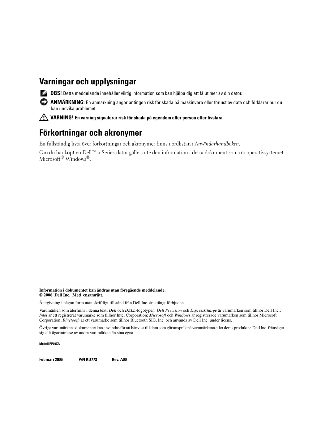 Dell PP05XA manual Varningar och upplysningar, Förkortningar och akronymer 