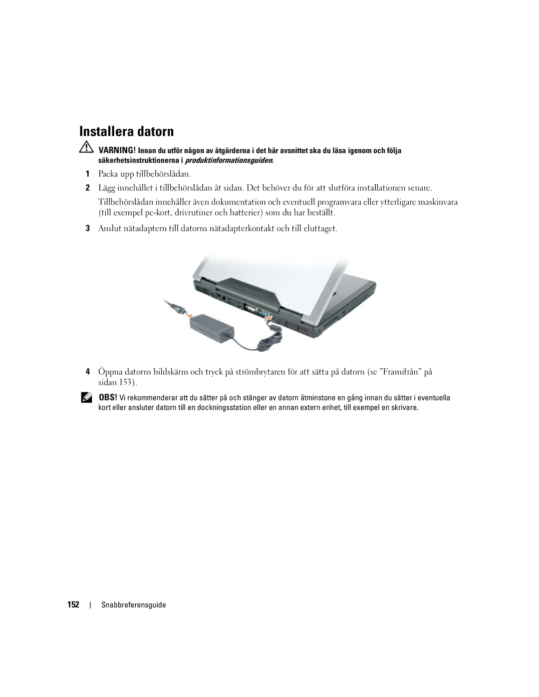 Dell PP05XA manual Installera datorn, 152 