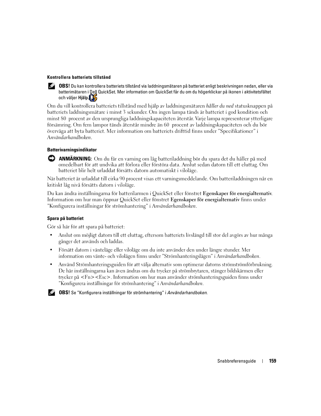 Dell PP05XA manual Batterivarningsindikator, Spara på batteriet, 159 