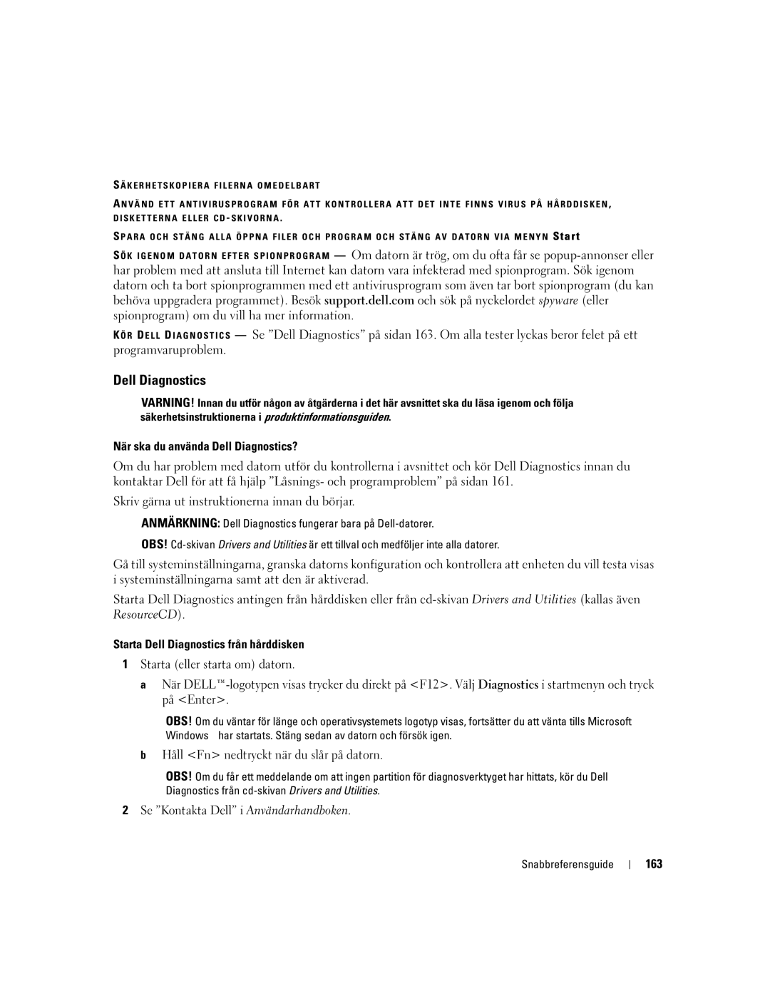 Dell PP05XA manual När ska du använda Dell Diagnostics?, Starta Dell Diagnostics från hårddisken, 163 