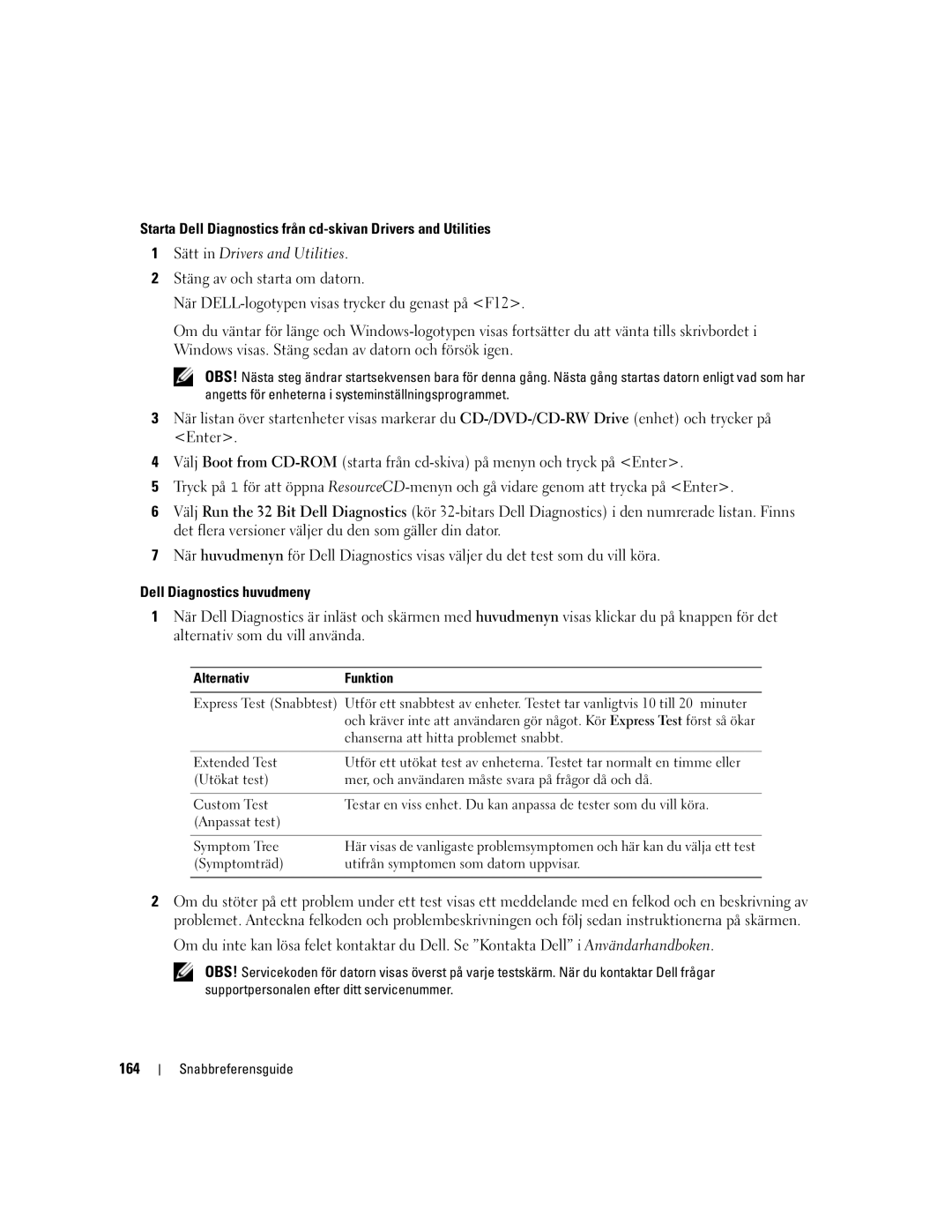 Dell PP05XA manual Dell Diagnostics huvudmeny, 164, Alternativ Funktion, Chanserna att hitta problemet snabbt 