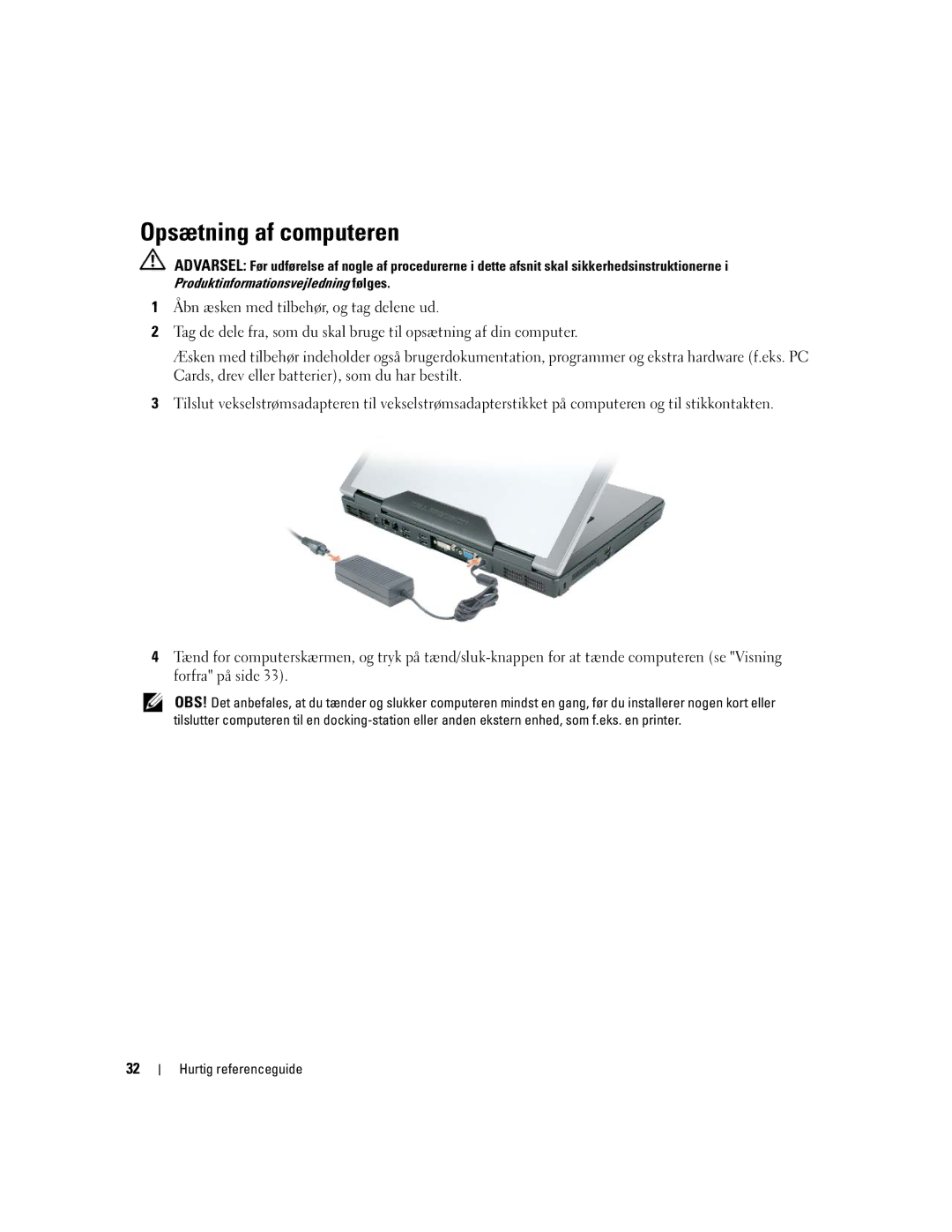 Dell PP05XA manual Opsætning af computeren, Produktinformationsvejledning følges 