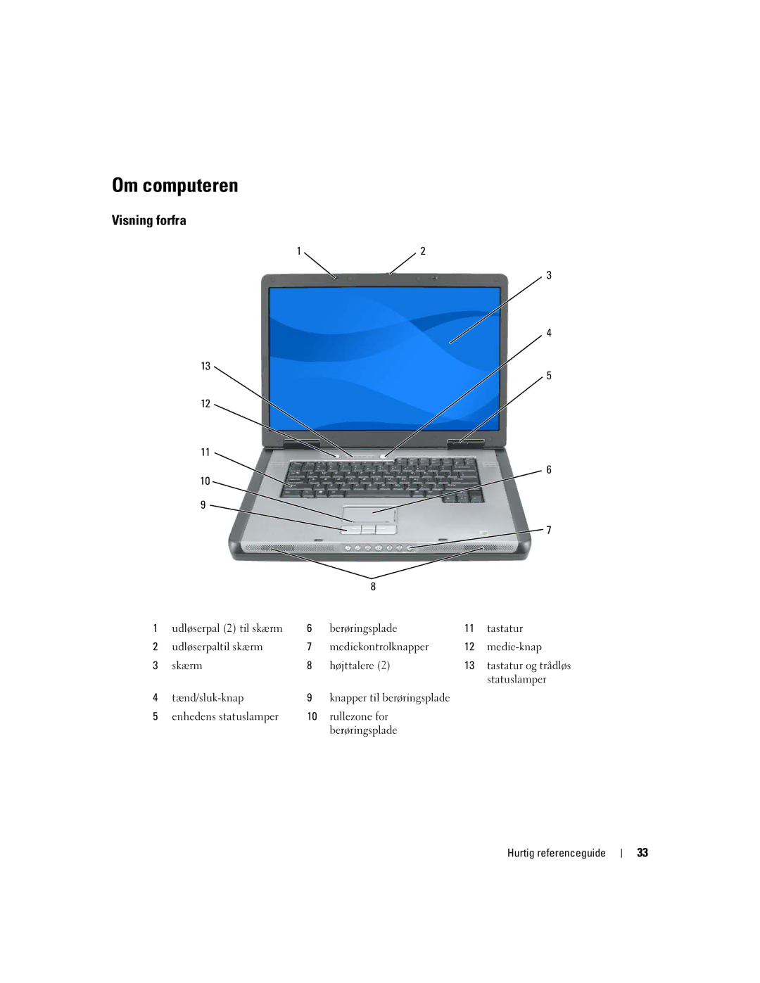 Dell PP05XA manual Om computeren, Visning forfra, Statuslamper, Tænd/sluk-knap 