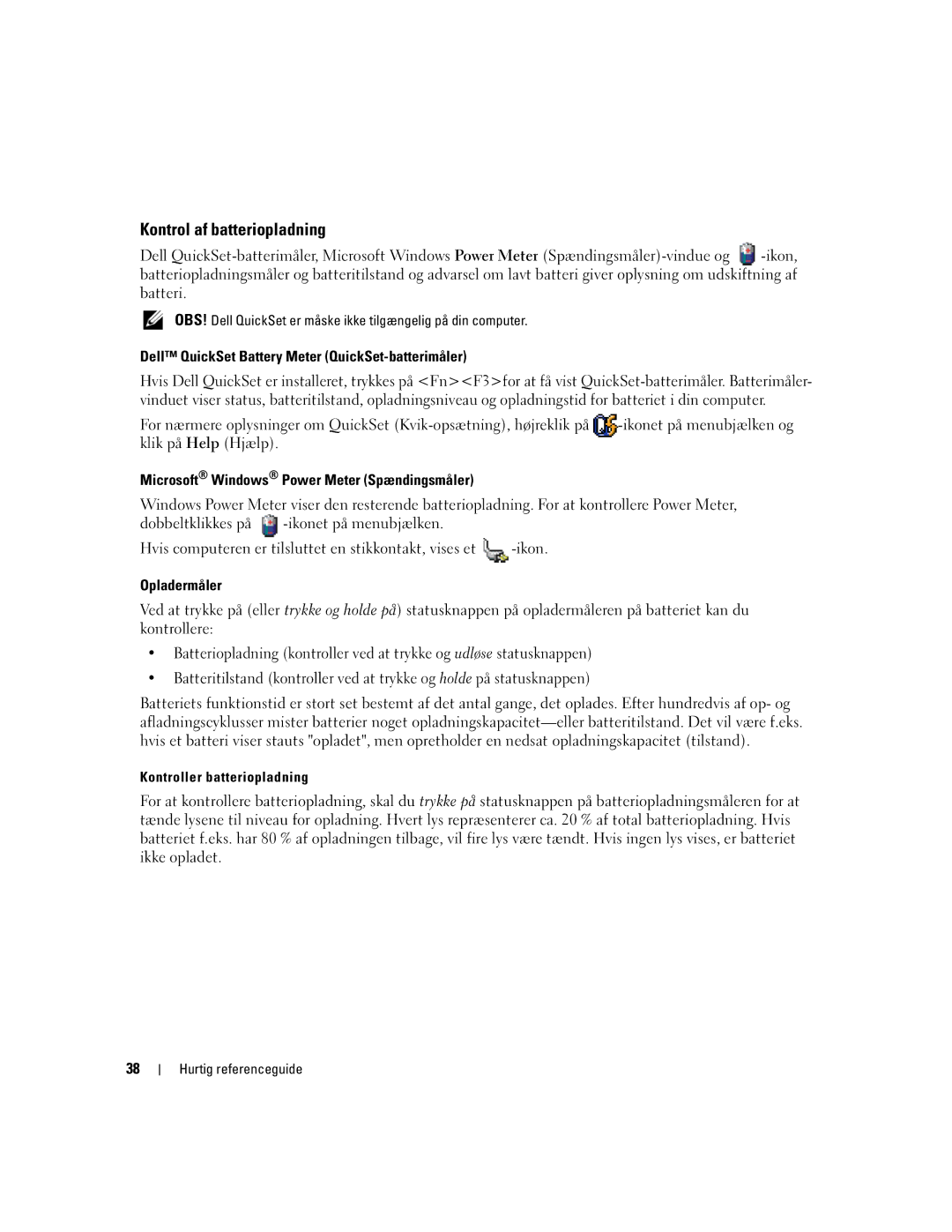 Dell PP05XA manual Kontrol af batteriopladning, Dell QuickSet Battery Meter QuickSet-batterimåler, Opladermåler 
