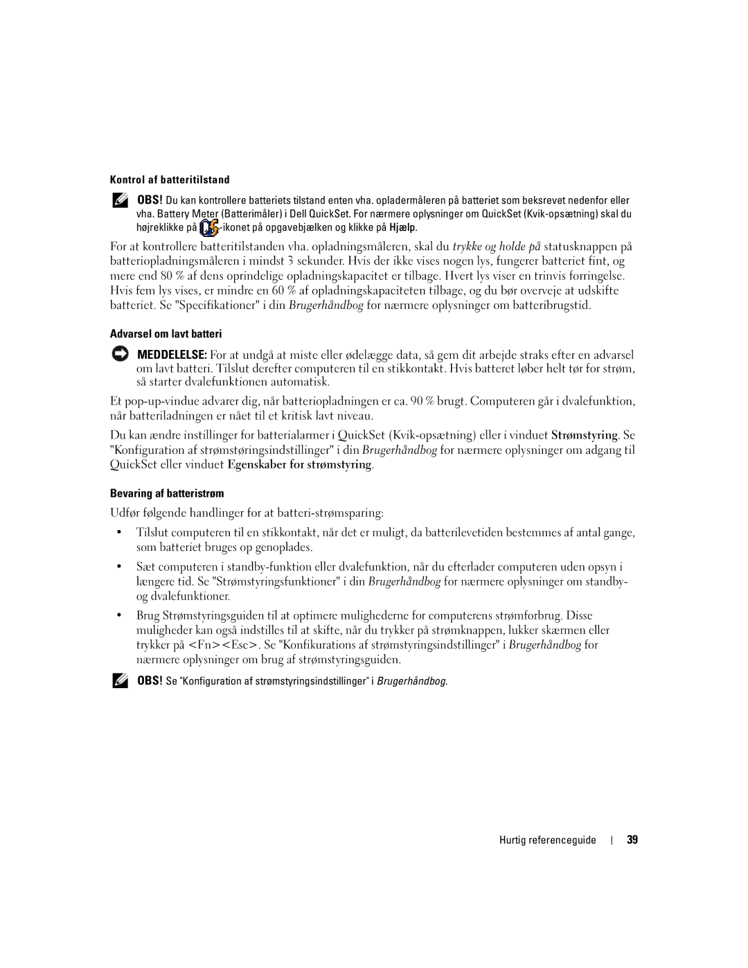 Dell PP05XA manual Bevaring af batteristrøm, Kontrol af batteritilstand 