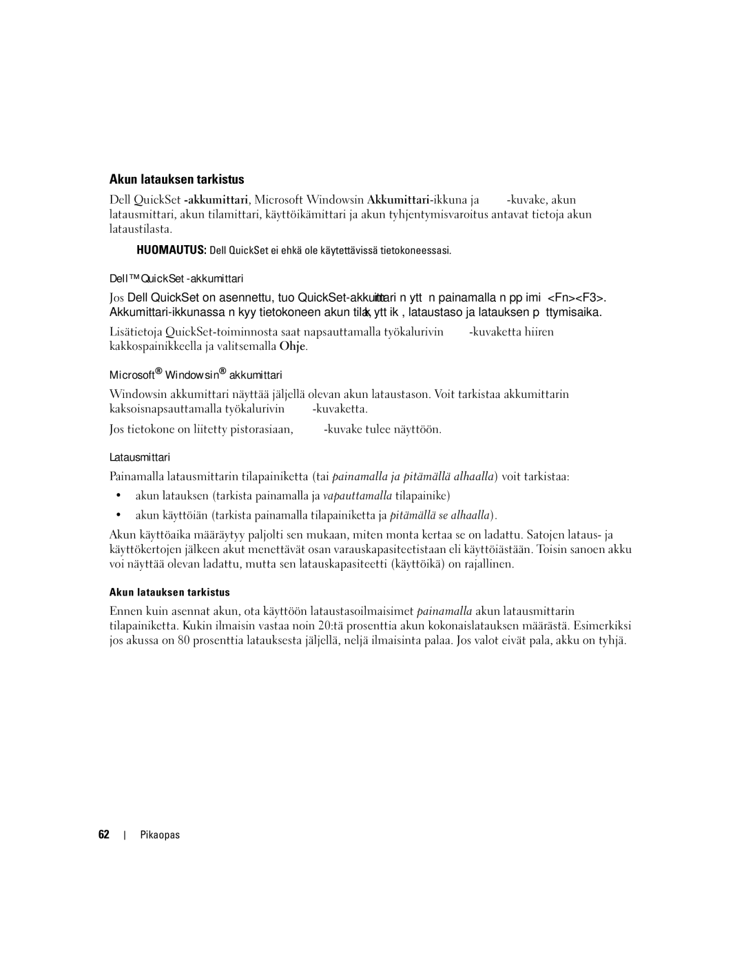 Dell PP05XA manual Akun latauksen tarkistus, Dell QuickSet -akkumittari, Microsoft Windowsin akkumittari, Latausmittari 