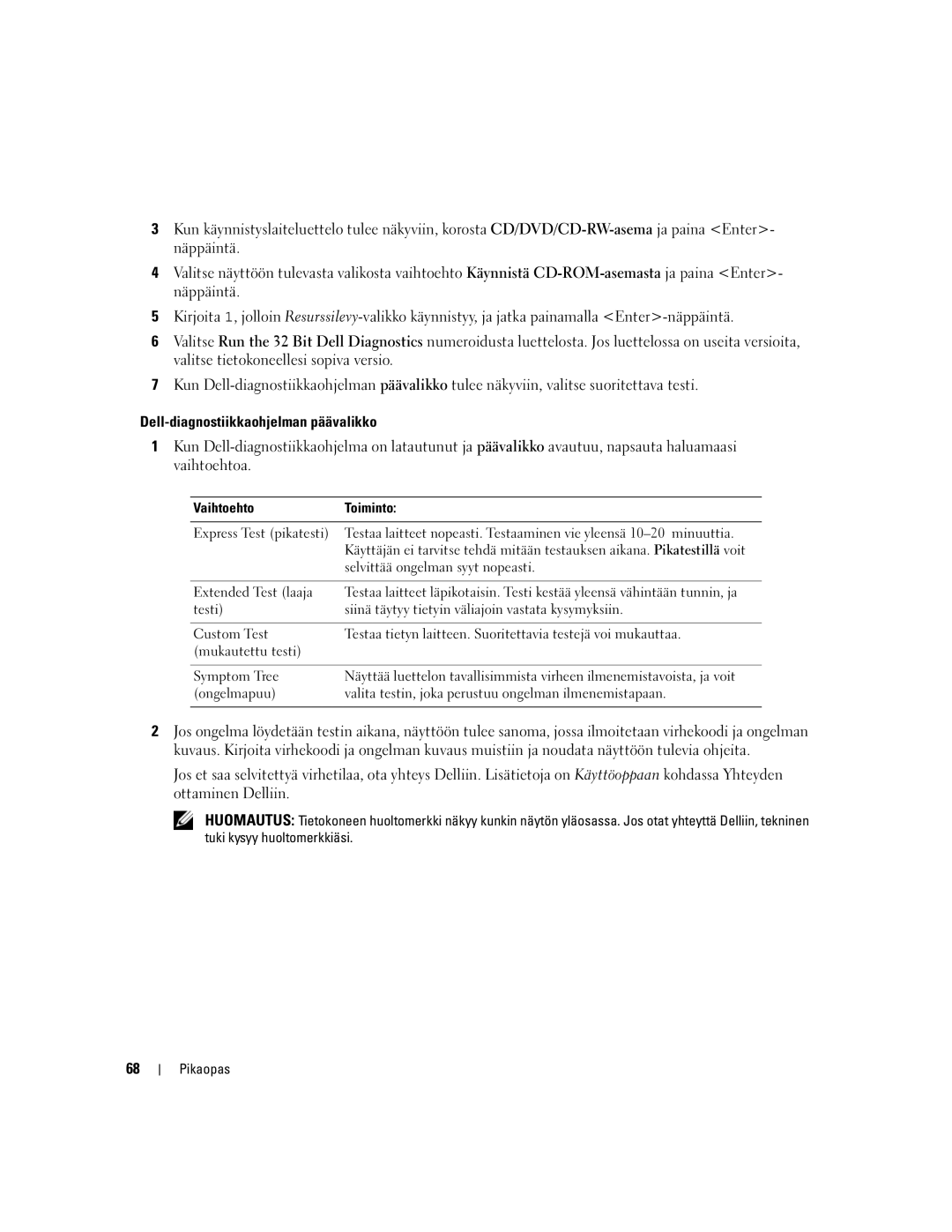 Dell PP05XA manual Dell-diagnostiikkaohjelman päävalikko, Vaihtoehto Toiminto Express Test pikatesti, Extended Test laaja 