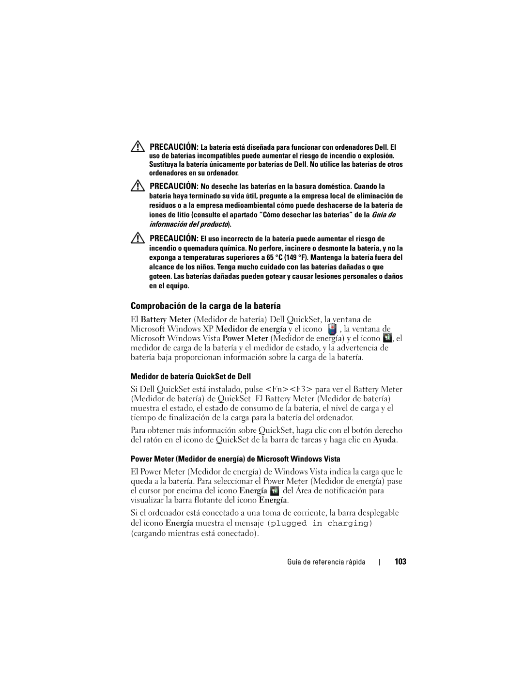 Dell PP05XA manual Comprobación de la carga de la batería, 103, Información del producto 