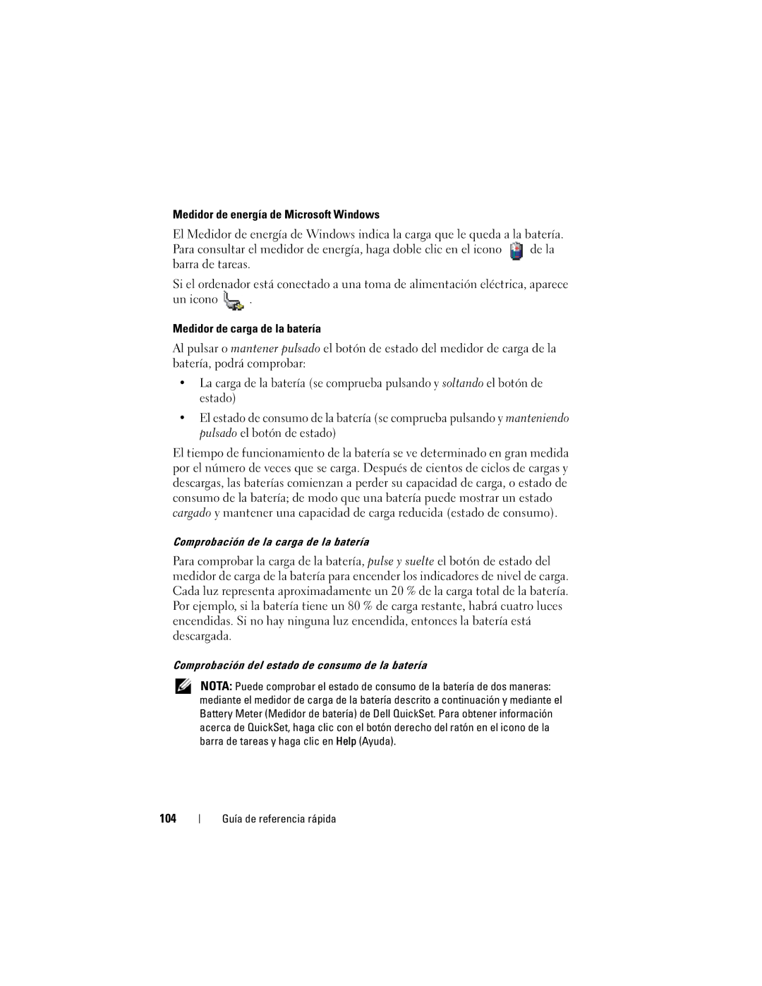 Dell PP05XA manual 104, Comprobación del estado de consumo de la batería 