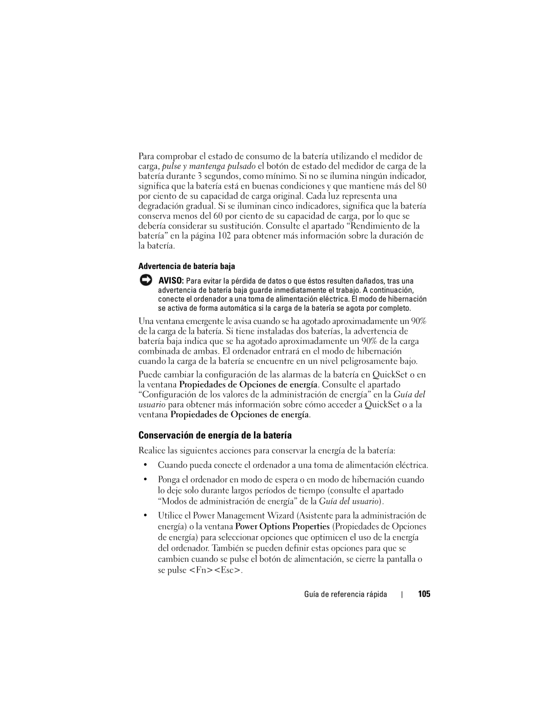 Dell PP05XA manual Conservación de energía de la batería, 105 