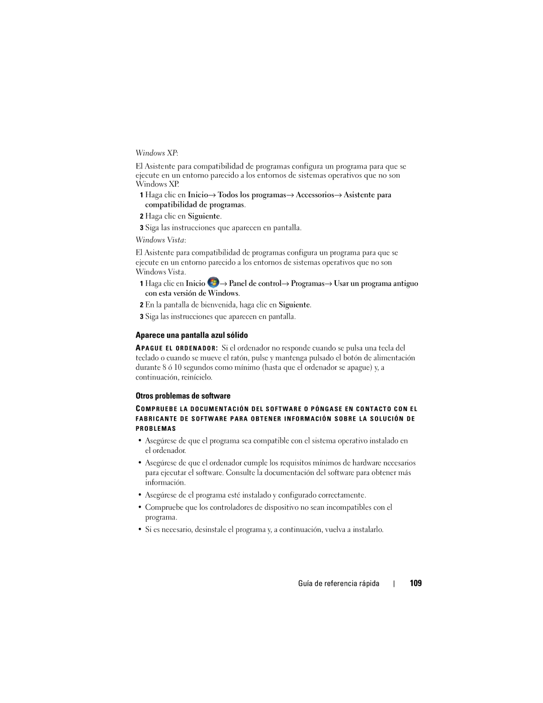 Dell PP05XA manual Aparece una pantalla azul sólido, Otros problemas de software, 109 