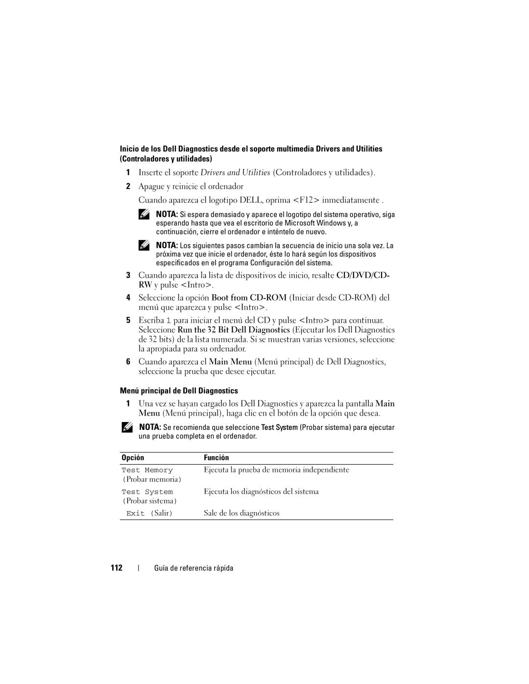 Dell PP05XA manual Menú principal de Dell Diagnostics, 112 