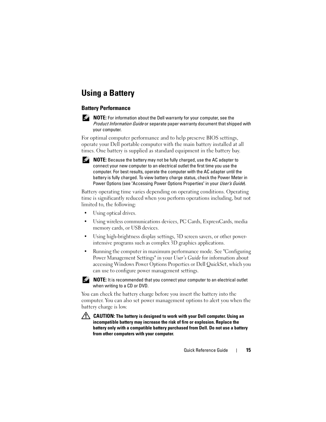 Dell PP05XA manual Using a Battery, Battery Performance 